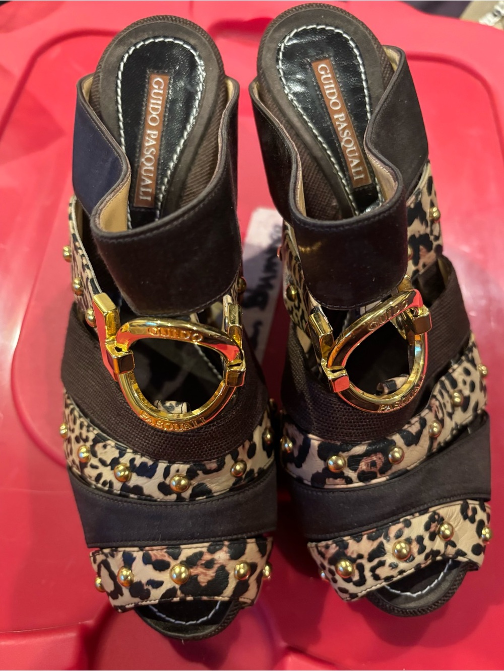 Black & Leopard Studded Wedge Sandals